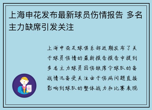 上海申花发布最新球员伤情报告 多名主力缺席引发关注