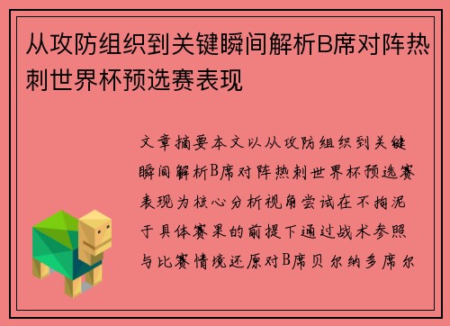 从攻防组织到关键瞬间解析B席对阵热刺世界杯预选赛表现