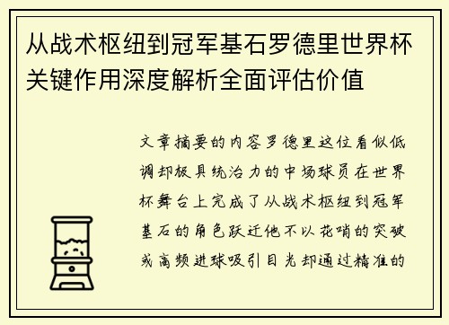 从战术枢纽到冠军基石罗德里世界杯关键作用深度解析全面评估价值