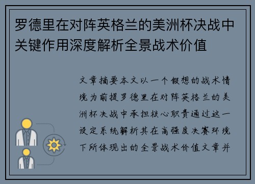 罗德里在对阵英格兰的美洲杯决战中关键作用深度解析全景战术价值